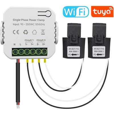 Tuya Wifi Enkelfase Energiemeter 80A met CT Klem Mobiele App Kwh Stroomverbruik Monitor PC311-1-W-TY & 2 CT