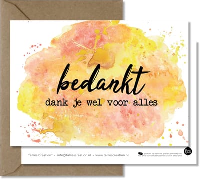 Tallies Cards - greeting  - wenskaarten - Bedankt - Aquarel  - Set van 4 ansichtkaarten - bedankkaart - bedankt - Inclusief kraft envelop - 100% Duurzaam