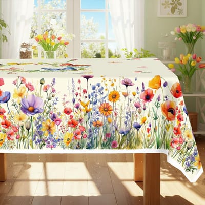 Lente Waterverf Wilde Bloemen Rechthoekige Tafelkleed voor Tafeldecoratie Zomer Margriet Vlinder Keuken Eettafelkleed Feestdecoratie 90x140cm beige