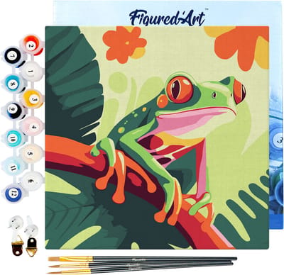 Figured'Art Mini Schilderen op Nummer Volwassenen 20x20cm met lijst Tropische Roodogige Boomkikker - Klein Formaat Creatieve Hobby Kit DIY Art Nummer Compleet