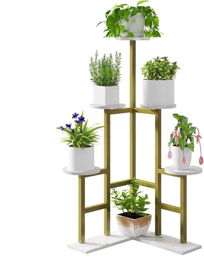6-laags plantenstandaard voor binnen, 108 cm hoge metalen houten plantenplank voor meerdere planten, gelaagde hoekbloempotstandaard voor woonkamer, terras, balkon, tuin, Goud TMJ072G