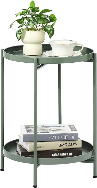 Ronde bijzettafel - Accenttafel - Ruimte Organiseren - Opvouwbaar ontwerp - 2 niveaus - Saliegroen