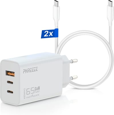 65w usb C Lader met 3 Poorten (2x usb-C, 1x usb-A) - Inclusief 2x usb C Kabels 2 Meter - Supersnelle Adapter