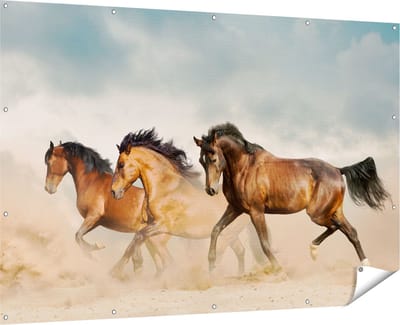 Gards Tuinposter Drie Bruine Paarden - 180x120 cm - Tuindoek - Tuindecoratie - Wanddecoratie buiten - Tuinschilderij