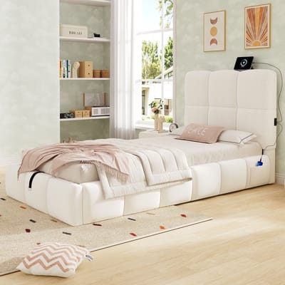 Kinderbed 90 x 200 cm - met opbergruimte en USB-oplaadpoort - gestoffeerd hoofdeinde - fluweel - beige