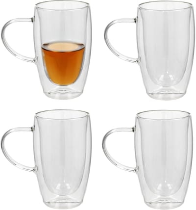 Gerimport Theeglazen Plano - 4x - dubbelwandig - borosilicaatglas - 450 ml - H14 cm - koffieglas