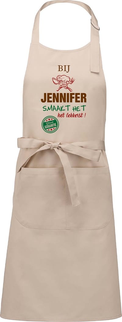 Naamcadeau - Naamschort - Keukenschort met je naam - Kookschort - verjaardag - moederdag - beige - het smaakt het lekkerst bij: Jennifer