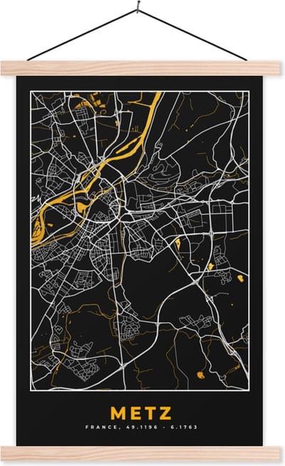 Posterhanger incl. Poster 40x60 cm - Schoolplaat - Plattegrond - Metz - Stadskaart - Frankrijk - Kaart - Textielposter - Blanke latten - Stadskaart