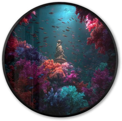 Poster in lijst Rond - Fotolijst 60x60 cm - Posters - Standbeeld - Zeebodem - Koraal - Kleurrijk - Ronde posterlijst zwart - Decoratie - Wanddecoratie woonkamer - Muurdecoratie slaapkamer