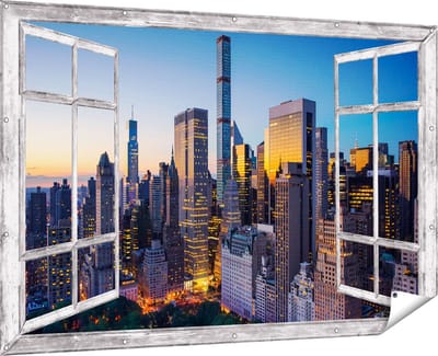Gards Tuinposter Doorkijk New York bij Zonsopgang - 180x120 cm - Tuindoek - Tuindecoratie - Wanddecoratie buiten - Tuinschilderij