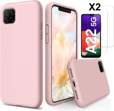 Hoesje Geschikt Voor Samsung Galaxy A22 5G Hoesje siliconen Licht Roze zacht siliconen hoesje TPU backcover - Met Screenprotector - 2 stuks