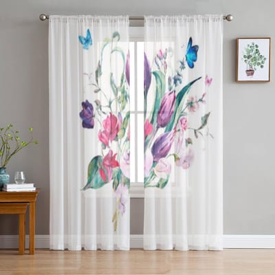 Tropische Planten Eucalyptus Bladeren Moderne Tule Gordijnen Voor Woonkamer Transparant Gordijn Slaapkamer Voile Decoratieve Raambekleding 135W x 114H(cm)