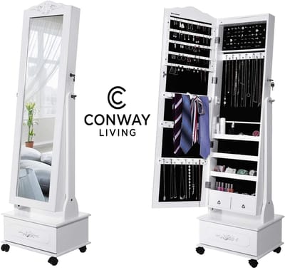 Conway Living® | Staande Passpiegel | Sieradenkast met Spiegel & LED | Verrijdbaar met Rem | Grote Opbergruimte voor Oorbellen, Kettingen & Ringen | Slot & Sleutel | Wit