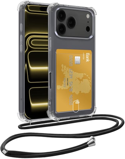 Hoesje Geschikt voor iPhone 17 Pro Telefoonhoesje Met Koord Case Pashouder Siliconen - Hoes Geschikt voor iPhone 17 Pro Hoesje Met Kaarthouder - Transparant