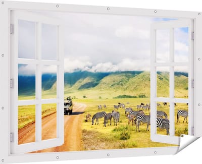 Gards Tuinposter Doorkijk Safari Auto tussen de Zebra's - 180x120 cm - Tuindoek - Tuindecoratie - Wanddecoratie buiten - Tuinschilderij