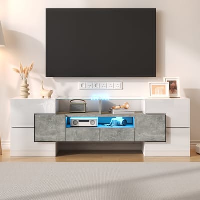 DESMIU Tv Meubel - Hoogglans Design Met Ledverlichting En Veel Opbergruimte - Voor Woonkamer - Spaanplaat Wit En Betonlook - 145x30x51 Cm