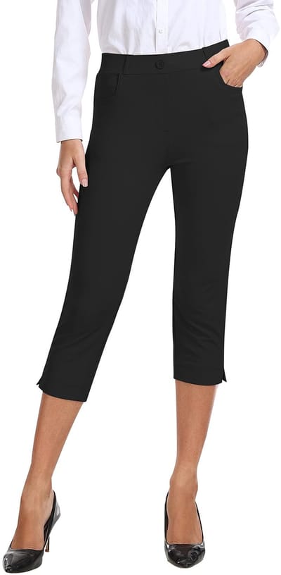 broek voor dames, elegante capribroek, ademend, yoga, golfbroek, kantoor, kostuumbroek, elastische band, vrijetijdsbroek, zwart