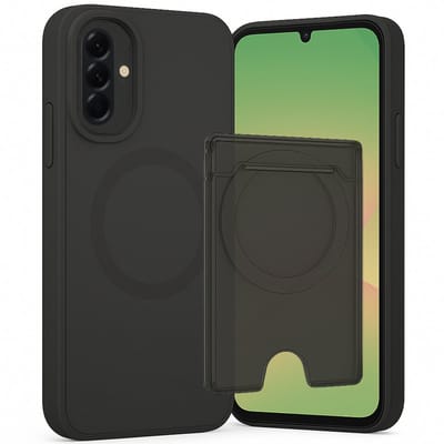 SnapSkin Hoesje & Pasjeshouder geschikt voor Samsung Galaxy A56 / A36 - Geschikt voor MagSafe Case - Magnetische Kaarthouder - Semi-Transparant Zwart