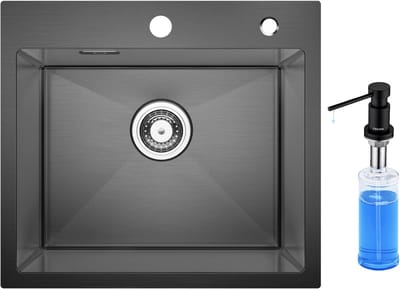 CECIPA max Spoelbak voor keuken 50x45CM - Spoelbak Met Zeepdispenser(300ML) - Spoelbak Keuken Antraciet - Spoelbakken met sifon en overloopset - Enkele spoelbakken
