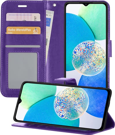 Hoesje - Met Pasjeshouder - Geschikt voor Samsung Galaxy A14 - Luxe Bookcase Portemonee - Flip Case - Kunstleer Book Case - Flipcase - Book Cover - Walletcase - Portemonneehoes - Telefoonhoesjes - Paars