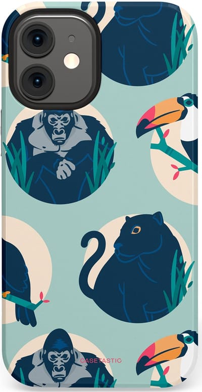 Casetastic hoesje geschikt voor Apple iPhone 12 Mini - Dubbellaagse bescherming - Wilde Dieren Mix - Fashion Case - Lichtgrijs Donkerblauw Crème Donkergrijs