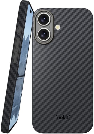 NEKIT Fiber Hoesje Geschikt voor Apple iPhone 17 - Compatibel met MagSafe - High-Tech Kevlar - Back Cover Ultra Dun - Grijs/Zwart