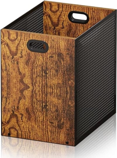 Ruimtebesparende 16.8 L Afvalemmer van IJzer en Hout voor Kantoor, Woonkamer en Keuken, Rechthoekige Design Prullenbak met Handvatten, 28 x 20 x 30 cm, Industrieel Stijl