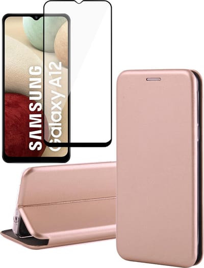 Hoesje geschikt voor Samsung A12 en Screenprotector - Book Case Kunstleer Wallet Cover Hoes Rosegoud + Screen Protector Glas Full Screen
