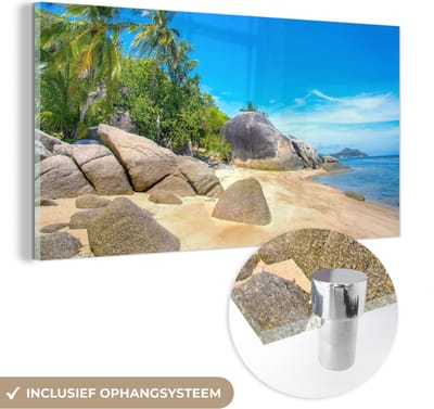 MuchoWow® Glasschilderij 40x20 cm - Schilderij acrylglas - Strand - Tropisch - Zee - Planten - Foto op glas - Schilderijen
