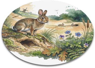 Ronde Muismat Konijn bij Konijnenhol "Aquarel Series" - Natuur Illustratie met Duinen & Molen - Decoratieve Bureau Accessoires & Unieke Kantoorartikelen - Bijzonder Cadeau voor haar: Vrouw, Vriendin & Collega - Werkplek Verfraaiing