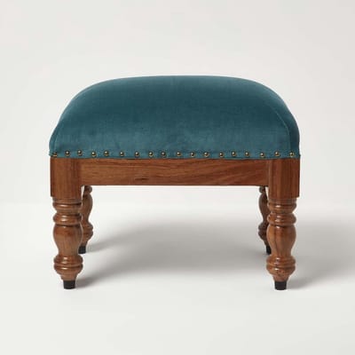 Rechthoekige Voetenbank Fluweel Blauwgroen 50x30 cm op Massief Houten Poten