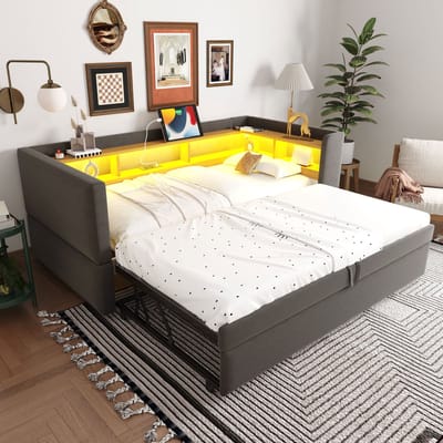 DESMIU Gestoffeerde Slaapbank 90/180x190 cm – Met Ledverlichting En Stopcontact – Uitschuifbaar Met Opbergvakken – Voor Woonkamer Of Logeerkamer – Flanel – Donkergrijs – Zonder Matras