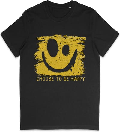T Shirt Heren en Dames (Unisex) Be Happy Smiley Gele Grunge Print Opdruk - Zwart - Maat XS