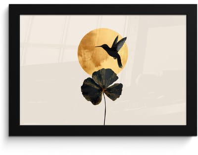 Poster in lijst - Fotolijst 30x20 cm - Posters - Zwarte kolibrie - Bloem - Gouden cirkel - Posterlijst zwart - Decoratie - Wanddecoratie woonkamer - Muurdecoratie slaapkamer
