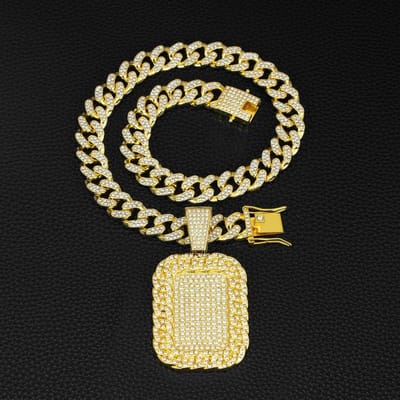 Hip Hop Luxe Grote Vierkante Hanger Ketting Set Heren Cubaanse Ketting Iced Out Bling Rock Party Kettingen Verjaardagscadeau Bedel Sieraden beige