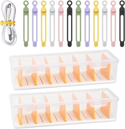 Kabelorganiser met 7 verwijderbare verdelers en 14 kabelbinders voor het opbergen van oordopjes en opladers, ideaal voor een opgeruimde werkplek en thuisgebruik.