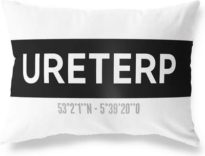 Tuinkussen URETERP - FRIESLAND met coördinaten - Buitenkussen - Bootkussen - Weerbestendig - Jouw Plaats - Studio216 - Modern - Zwart-Wit - 50x30cm
