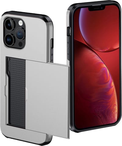 Hoes Geschikt voor iPhone 14 Pro Hoesje Pasjeshouder Hard Cover Shock Proof Hard Case Hoes Met Kaarthouder - Grijs