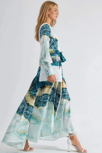 Abstracte Afdruk Lange Mouwen Maxi Jurk met Strikdetail