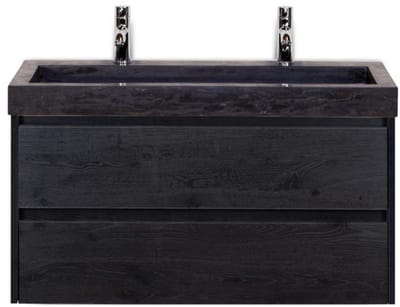 Dante Badmeubelset 100 cm - Black Oak - Wastafel Hardsteen Wit Lucca 2 Kraangaten