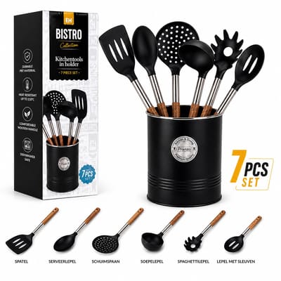 EasyMart Keukengerei Set 7-Delig – Siliconen Keukentools met RVS Houder – Zwart Mat Design – Hittebestendig & Krasvrij – Inclusief Spaghettilepel, Schuimspaan en Serveerlepel