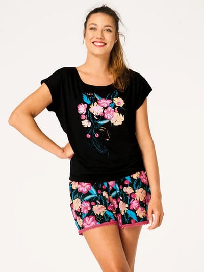Key Bamboe Dames Shortama Pyjama Zomer Bloemenprint Zwart Roze LNS 560 36 / S