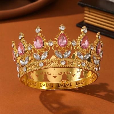 Barokke Ronde Kroon in Europese Stijl Legering Hoofddeksel Verjaardagskroon Coming of Age Ceremonie Hoofddeksel Koningin beige