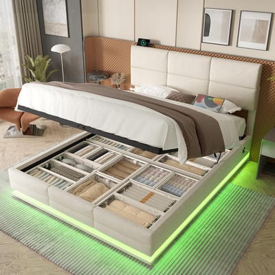 Pugsdrly 140x200 cm Modern fluwelen gestoffeerd bed met in hoogte verstelbaar hoofdeinde - Incl. USB/Type-C-aansluitingen, LED-sfeerverlichting, hydraulisch liftsysteem & XXL-opbergruimte (zonder matras) - Beige