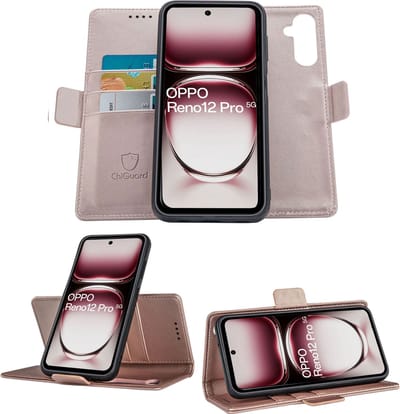 Geschikt voor OPPO Reno 12 Pro - Book Case Hoesje - Uitneembaar Hoesje - Magnetische Sluiting - Portemonnee Rose