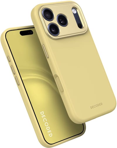 DECODED Siliconen Hoesje voor iPhone 17 Pro Max, Premium Soft-Touch, Antibacteriële Coating, MagSafe Compatibel, Valbescherming, Krasbestendig, Metalen Knoppen, Stevige Grip, Geel