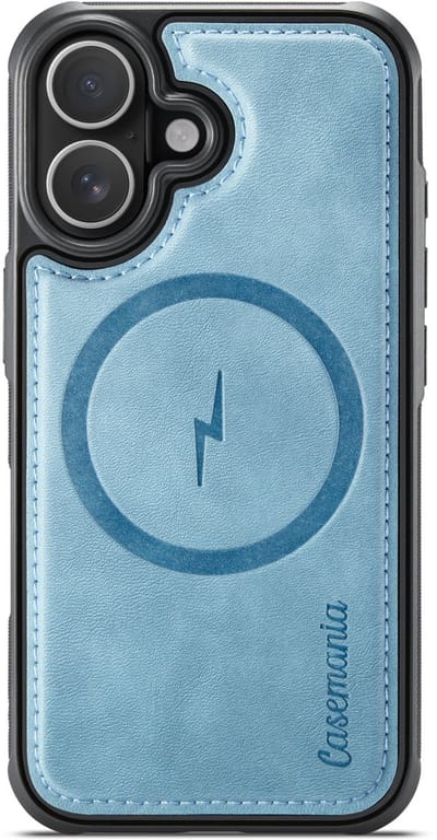 Casemania Hoesje Geschikt voor Apple iPhone 16 - Aqua Blue - Magnetische Telefoonhoesje Compatibel met MagSafe - Kunstleer Back Cover met Anti-Slip Grip Randen