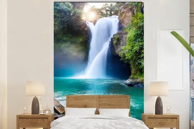 Behang - Fotobehang Waterval - Stenen - Landschap - Planten - Water - Breedte 180 cm x hoogte 280 cm
