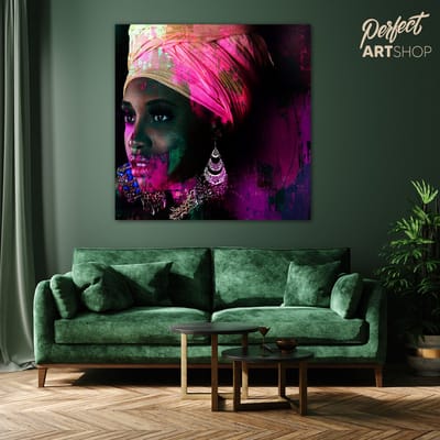 BEAUTIFUL AFRICAN WOMAN-2: 80x80cm Aluminium. Decoratie - Modern - Zwart - Blauw - Groen - Roze - Vrouw - Afrika