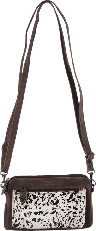 Portemonnee Tasje Met Vacht En Donkerbruin Leer – Cody Minibag Met Print – Donkerbruine Tasje Leer- Donkerbruine Clutch Tasje